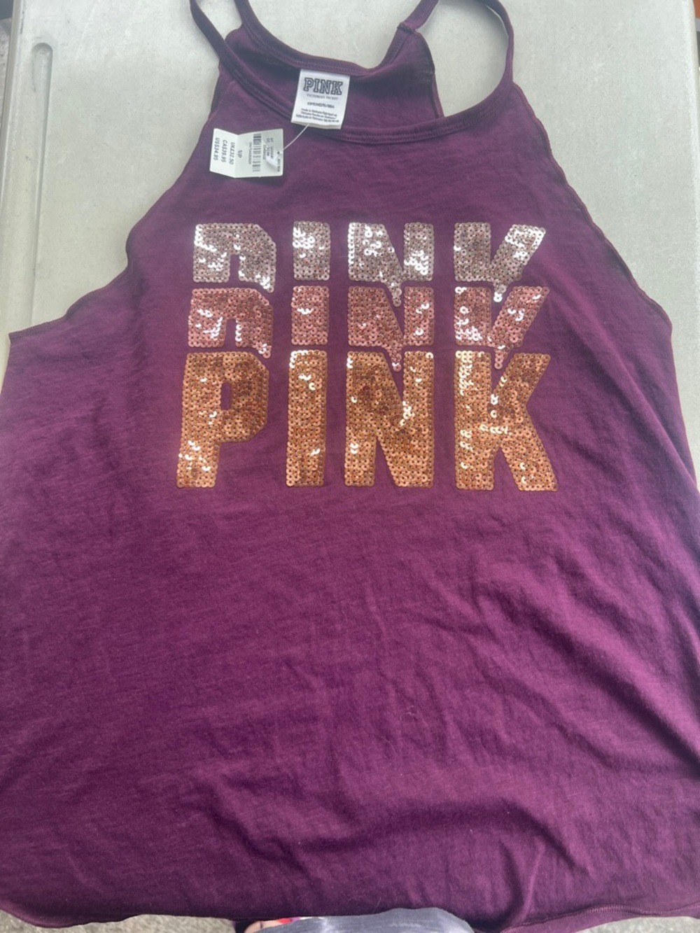 PINK Victoria's Secret Burgundy Tank Top with Rose-Gold Sequin Logo